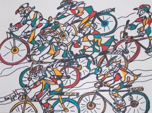Die Radfahrer, Eddingstift auf Zeichenpapier, 36 cm x 48 cm, 80,00 Euro