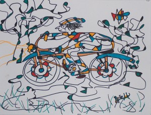 Der Radler auf dem blauen Rad, Eddingstift auf Zeichenpapier, 30 cm x 40 cm, 60,00 Euro 