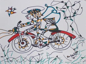 Engel auf dem roten Rad, Eddingstift auf Zeichenpapier, 30 cm x 40 cm, 60,00 Euro