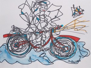 Engel mit Rad auf der blauen Wolke, Eddingstift und Aquarellfarbe auf Zeichenpapier, 30 cm x 40 cm, 60,00 Euro 