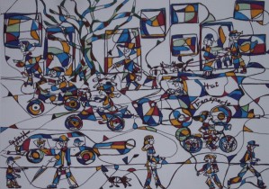 Auf der Straße, Eddingstift auf Leinwand, 49 x 110 cm, 120 Euro