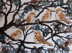 Spatzen, Aquarell auf Aquarellpapier, 30 x 40 cm, 120 Euro